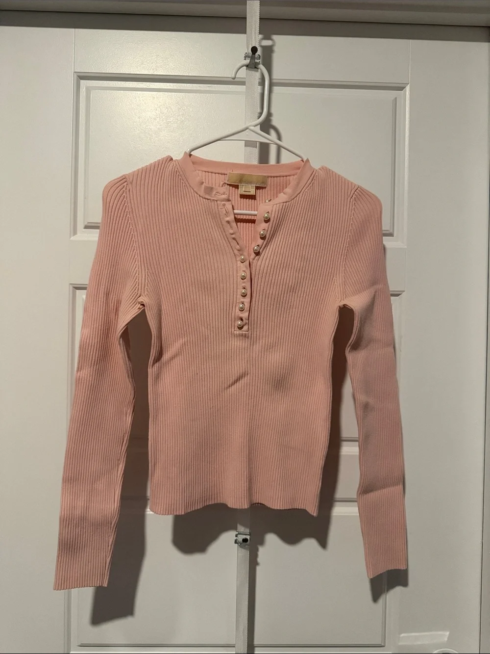 Michael Kors Ribbed Henley Long Sleeve Top in Blush Pink